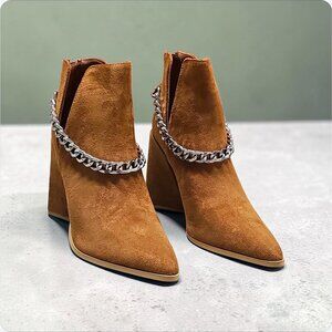 Tan Faux Suede Pointed Toe Ankle Boots With Silver Chain Detail & Block Heel